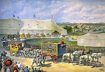 Vintage_Circus_Posters_Parade_with_lion_in_cage_on_wagon_circus_tent_in_background