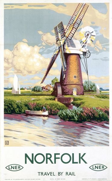 Poster produced for London & North Eastern Railway (LNER) to promote rail travel to Norfolk. Artwork by ÔBÕ.
