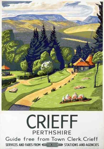 Vintage travel poster produced by British Railways (BR) to promote rail travel to Crieff, Perthshire. Artwork by C H Birtwhistle.